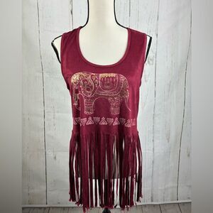 Hippie Boho Fringe Top Burgundy Golden Elephant Top Faux Suede